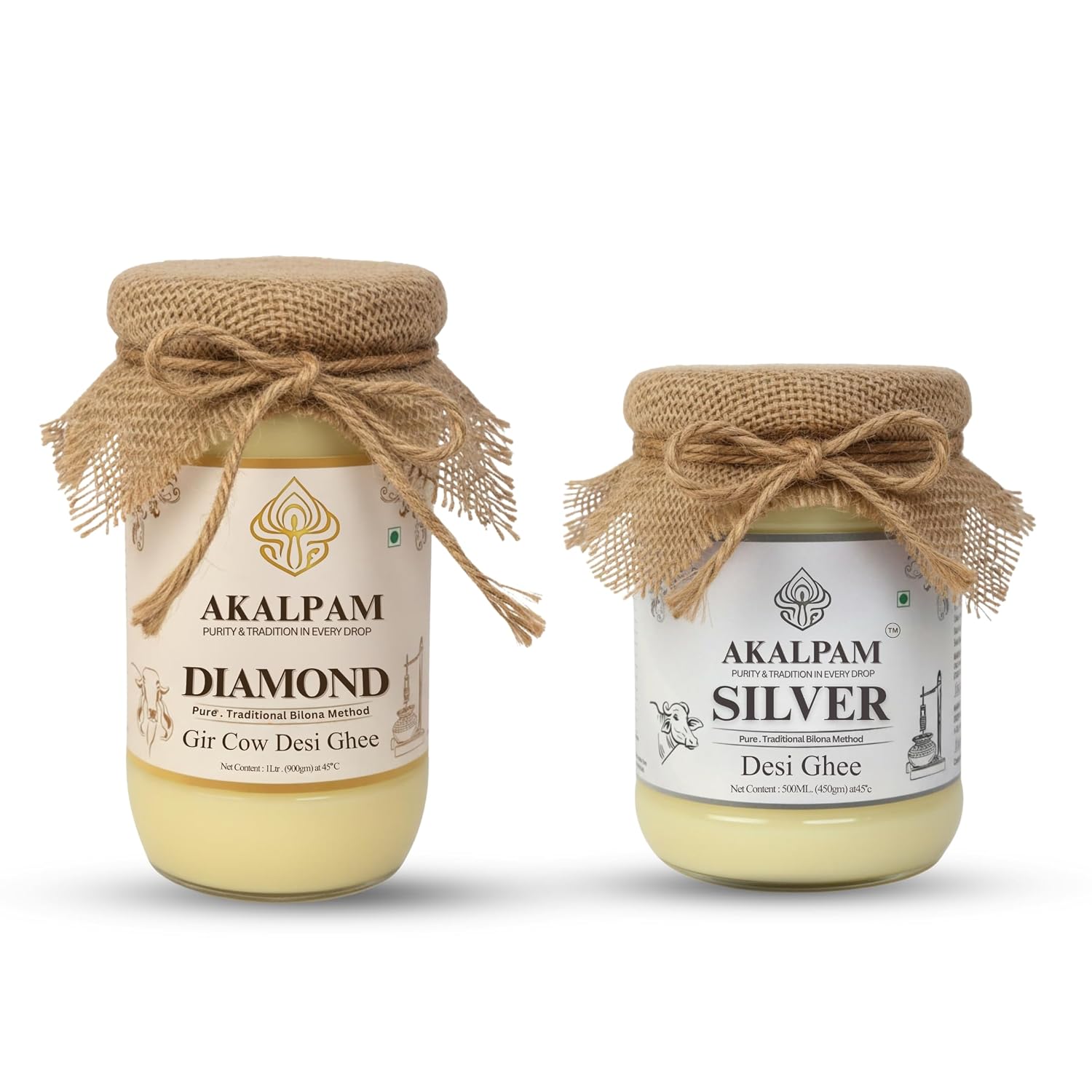 Diamond Gir Cow Ghee 1L & Silver Buffalo Desi Ghee 500ml Combo